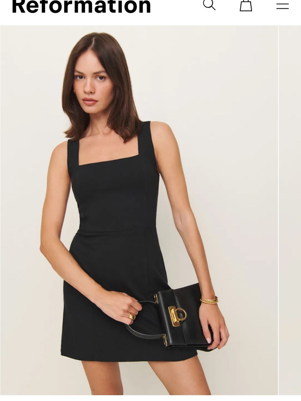 Reformation Rai Knit Dress. Black Square-Neck Mini Dress with Wide Straps